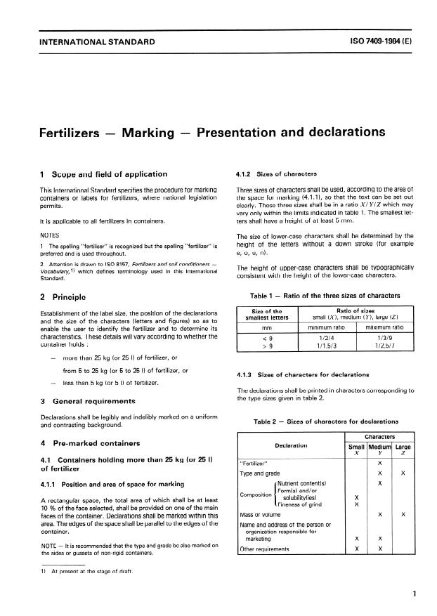 ISO 7409:1984 - Fertilizers -- Marking -- Presentation and declarations
