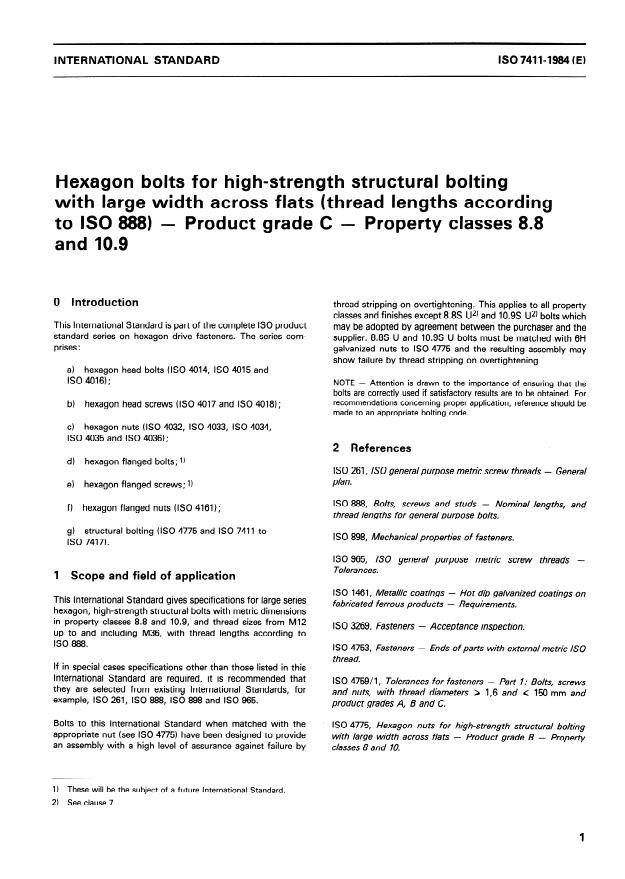 ISO 7411:1984 - Hexagon bolts for high-strength structural bolting with large width across flats (thread lengths according to ISO 888) -- Product grade C -- Property classes 8.8 and 10.9