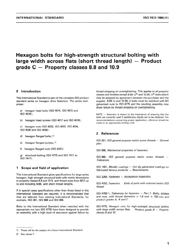 ISO 7412:1984 - Hexagon bolts for high-strength structural bolting with large width across flats (short thread length) -- Product grade C -- Property classes 8.8 and 10.9