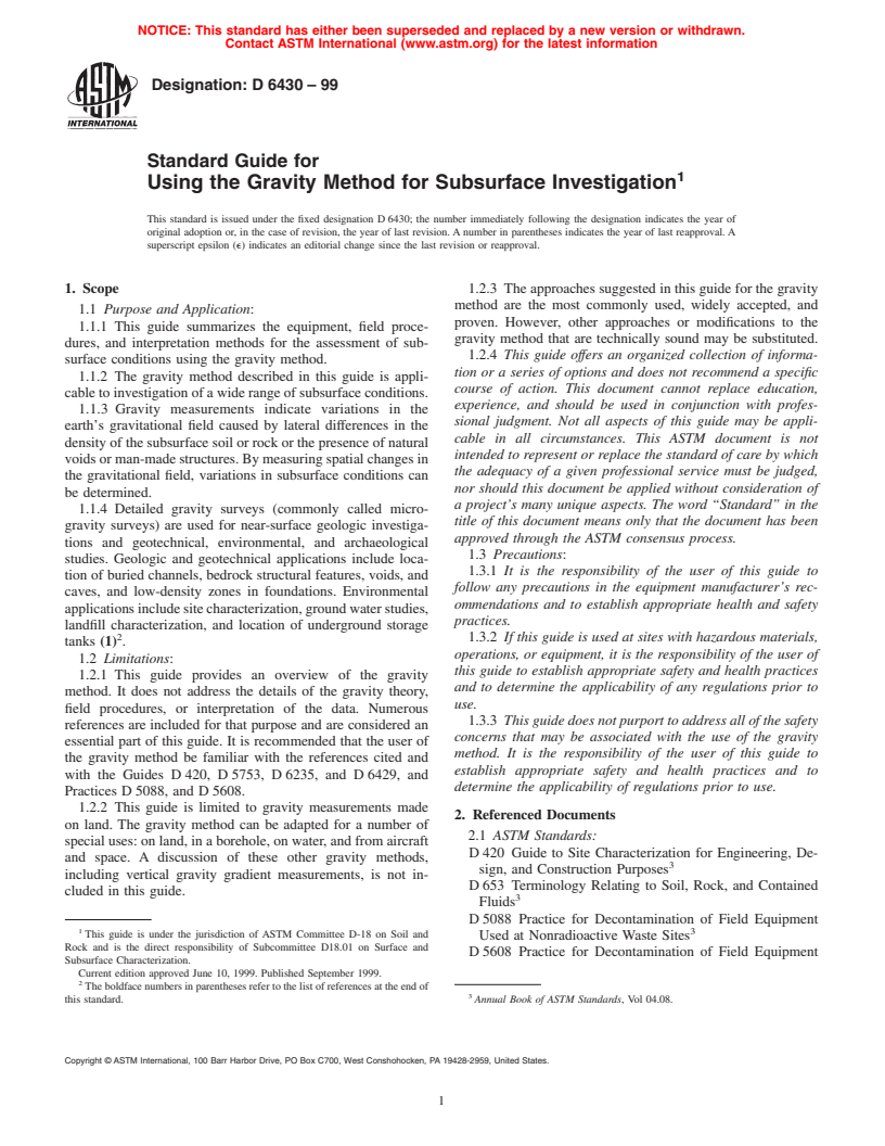 ASTM D6430-99 - Standard Guide for Using the Gravity Method for Subsurface Investigation