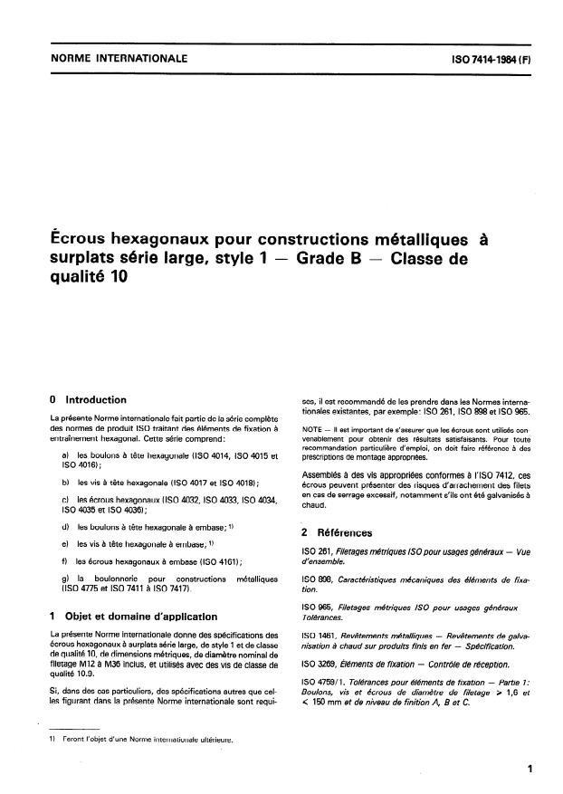ISO 7414:1984 - Écrous hexagonaux pour constructions métalliques a surplats série large, style 1 -- Grade B -- Classe de qualité 10