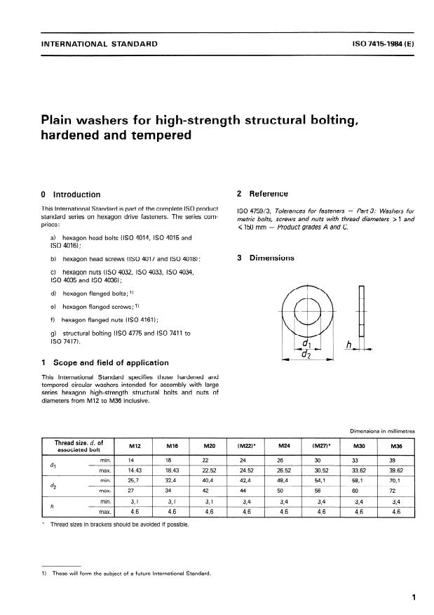 ISO 7415:1984 - Plain washers for high-strength structural bolting, hardened and tempered