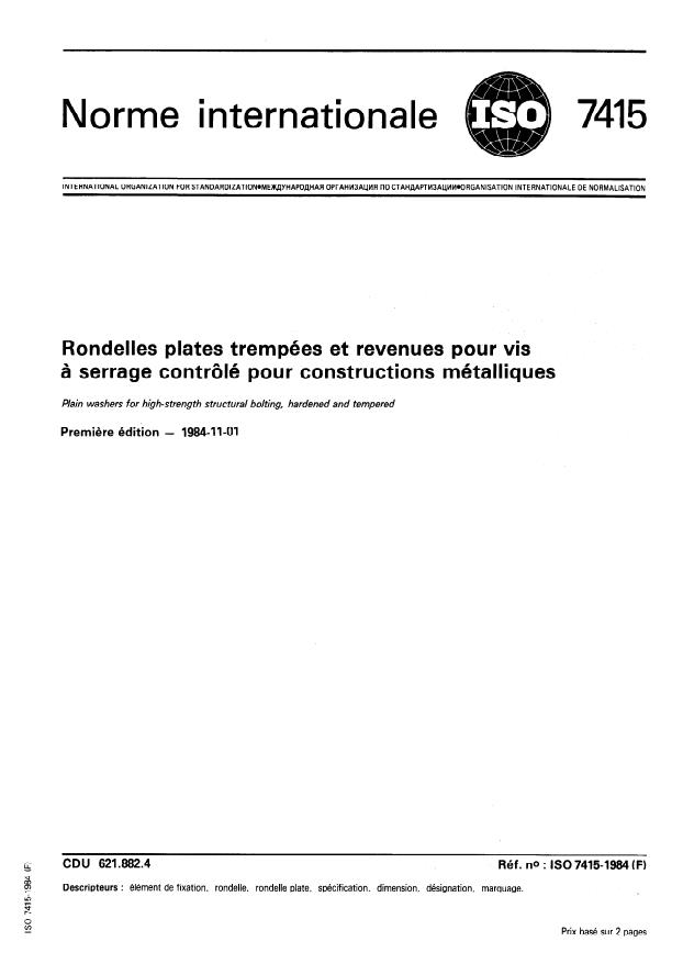 ISO 7415:1984 - Rondelles plates trempées et revenues pour vis a serrage contrôlé pour constructions métalliques