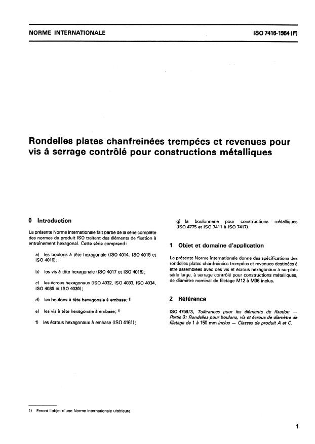 ISO 7416:1984 - Rondelles plates chanfreinées trempées et revenues pour vis a serrage contrôlé pour constructions métalliques