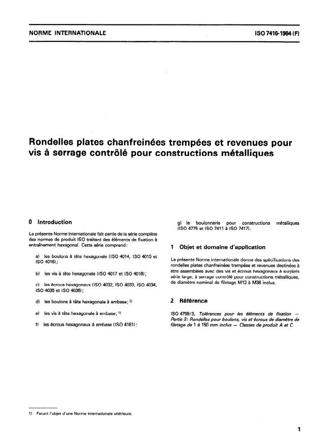 ISO 7416:1984 - Rondelles plates chanfreinées trempées et revenues pour vis a serrage contrôlé pour constructions métalliques