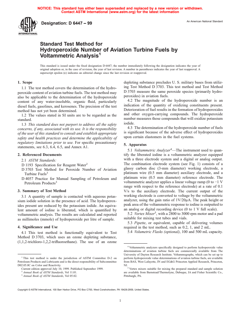 ASTM D6447-99 - Standard Test Method for Hydroperoxide Number of Aviation Turbine Fuels by Voltammetric Analysis