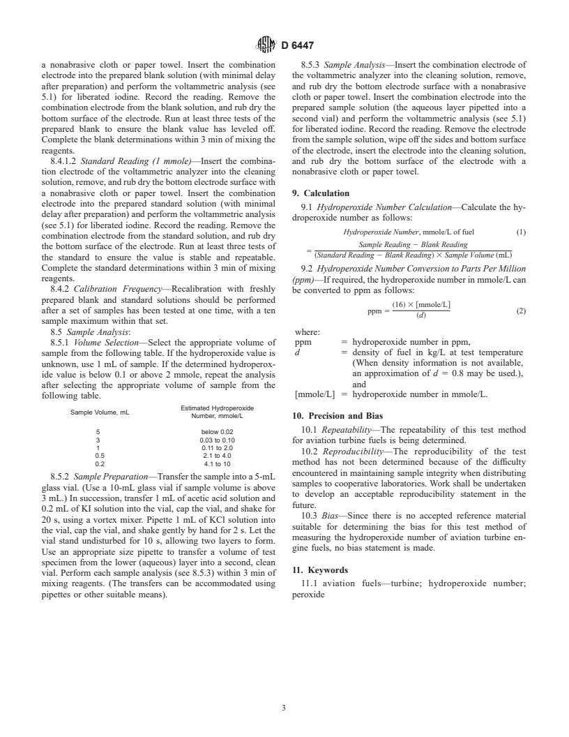 ASTM D6447-99 - Standard Test Method for Hydroperoxide Number of Aviation Turbine Fuels by Voltammetric Analysis