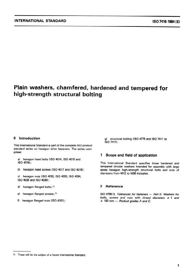 ISO 7416:1984 - Plain washers, chamfered, hardened and tempered for high-strength structural bolting