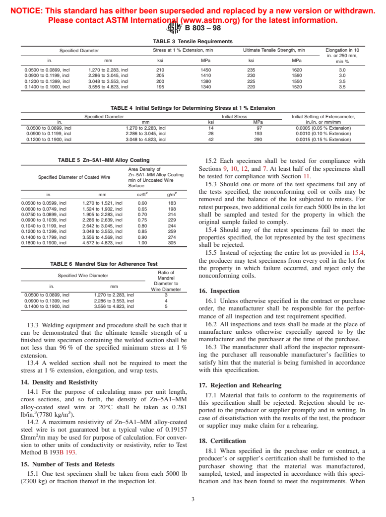 ASTM B803-98 - Standard Specification for High-Strength Zinc-5% Aluminum-Mischmetal Alloy-Coated Steel Core Wire for Aluminum and Aluminum-Alloy Conductors, Steel Reinforced