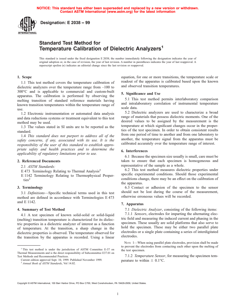 ASTM E2038-99 - Standard Test Method for Temperature Calibration of Dielectric Analyzers