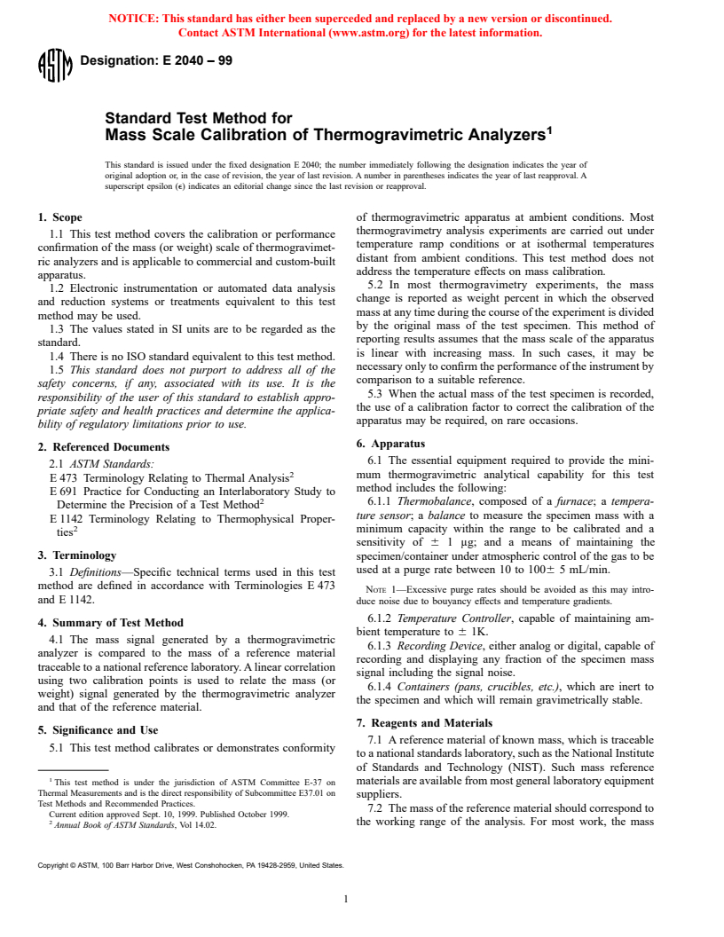 ASTM E2040-99 - Standard Test Method for Mass Scale Calibration of Thermogravimetric Analyzers