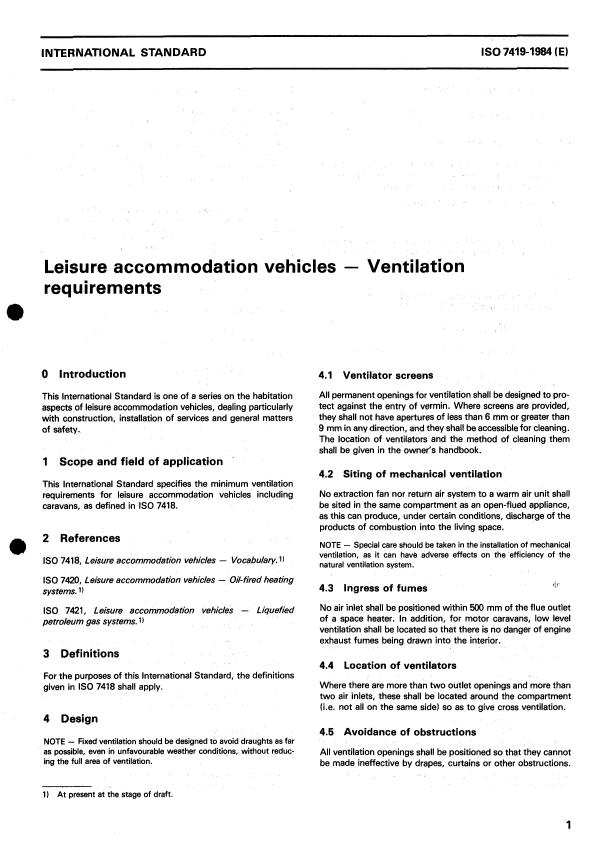 ISO 7419:1984 - Leisure accommodation vehicles -- Ventilation requirements