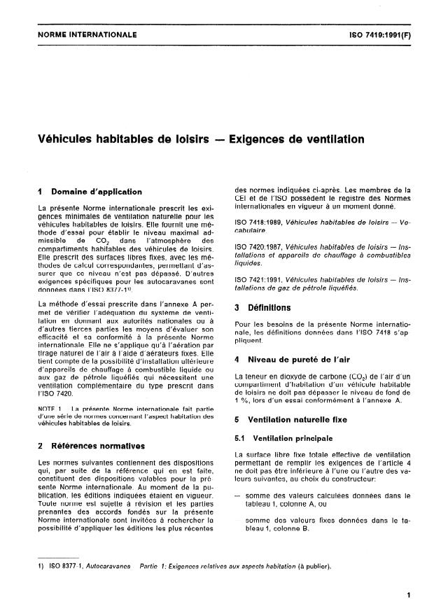 ISO 7419:1991 - Véhicules habitables de loisirs -- Exigences de ventilation