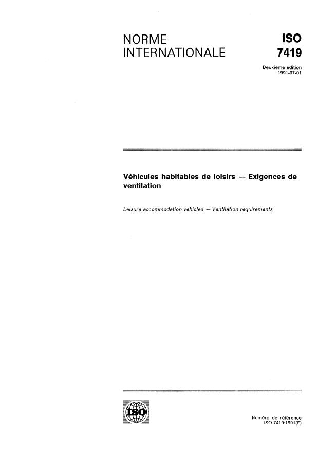ISO 7419:1991 - Véhicules habitables de loisirs -- Exigences de ventilation