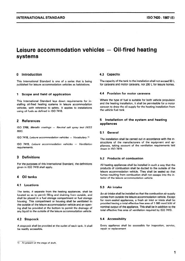 ISO 7420:1987 - Leisure accommodation vehicles -- Oil-fired heating systems