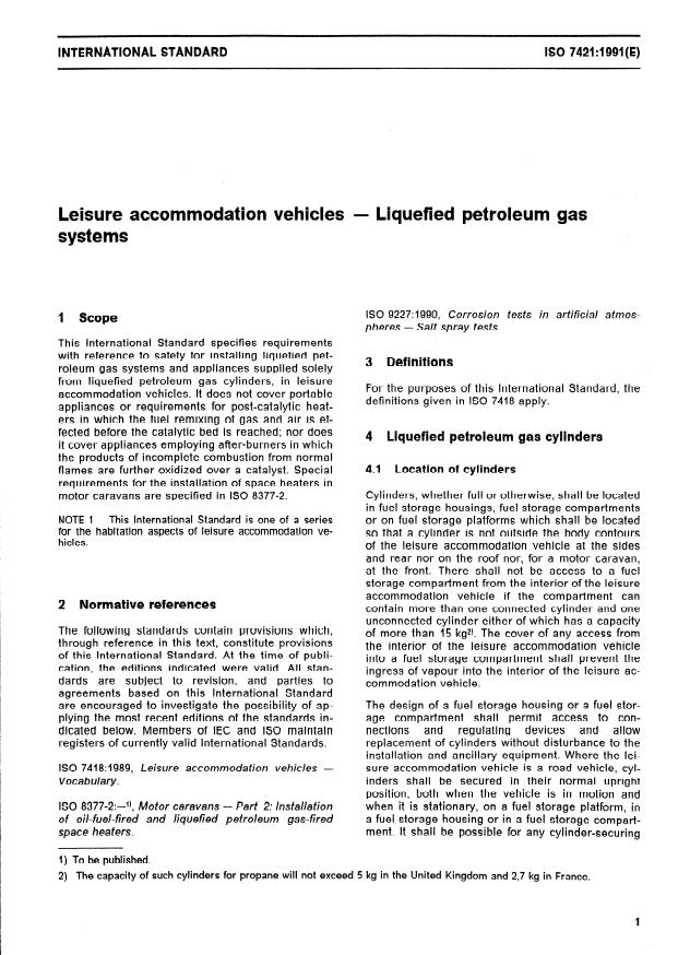 ISO 7421:1991 - Leisure accommodation vehicles -- Liquefied petroleum gas systems