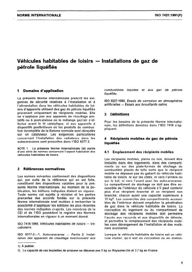 ISO 7421:1991 - Véhicules habitables de loisirs -- Installations de gaz de pétrole liquéfiés