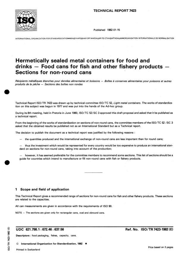 ISO/TR 7423:1982 - Hermetically sealed metal containers for food and drinks -- Food cans for fish and other fishery products -- Sections for non-round cans