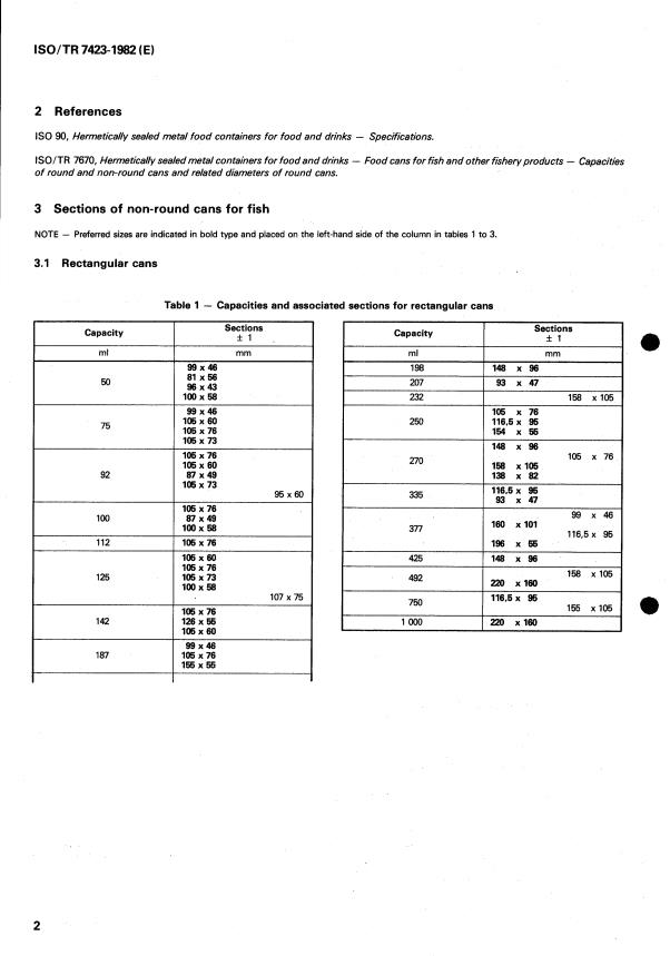 ISO/TR 7423:1982 ISO/TR 7423:1982 - Hermetically sealed metal containers for food and drinks -- Food cans for fish and other fishery products -- Sections for non-round cans - Page 2 preview