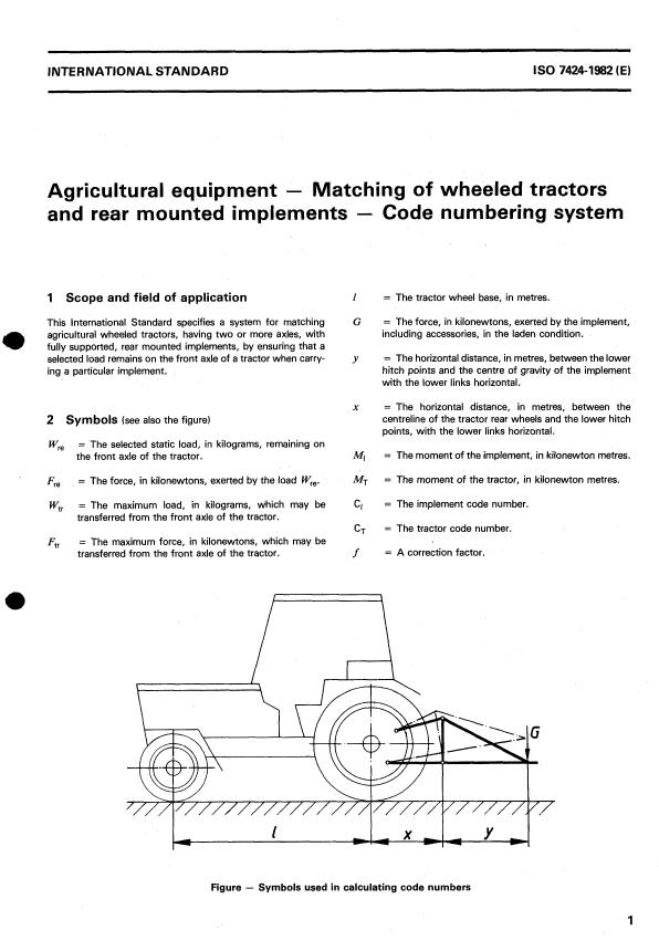 ISO 7424:1982 - Agricultural equipment -- Matching of wheeled tractors and rear mounted implements -- Code numbering system