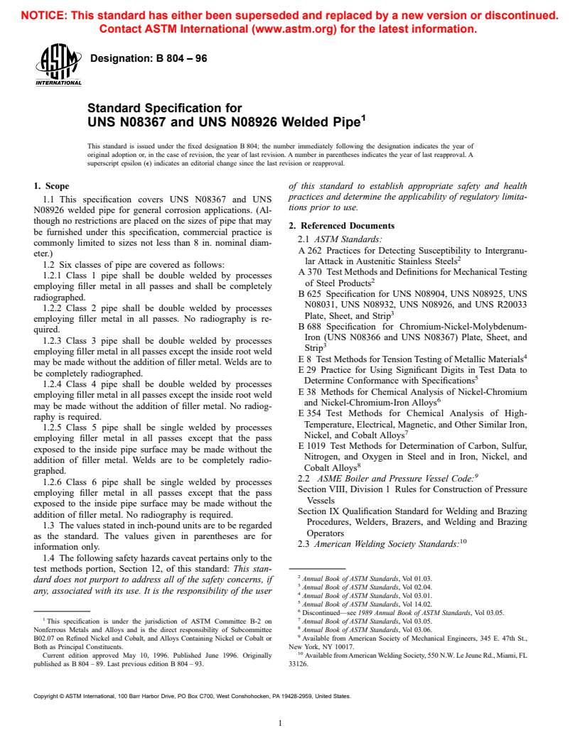 ASTM B804-96 - Standard Specification for UNS N08367 and UNS N08926 Welded Pipe