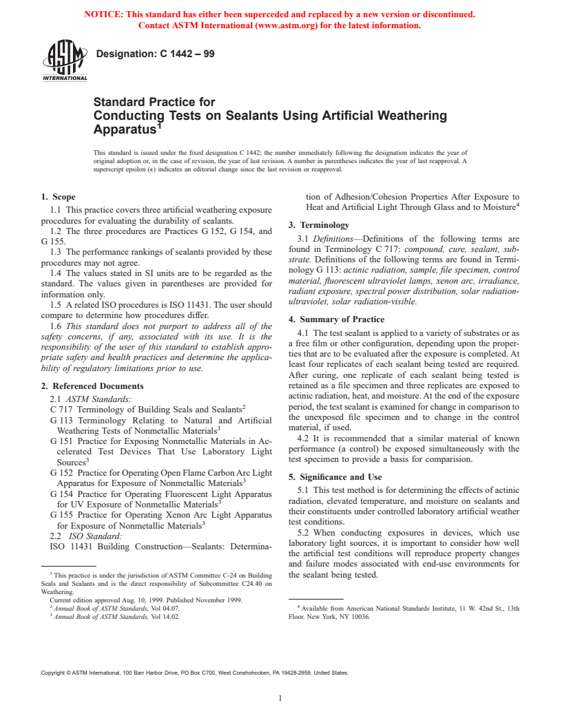 ASTM C1442-99 - Standard Practice for Conducting Tests on Sealants Using Artificial Weathering Apparatus