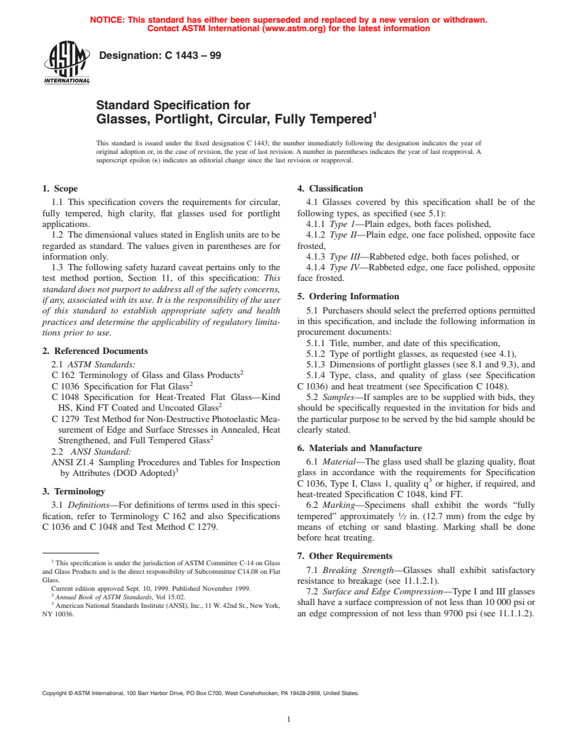 ASTM C1443-99 - Standard Specification for Glasses, Portlight, Circular, Fully Tempered