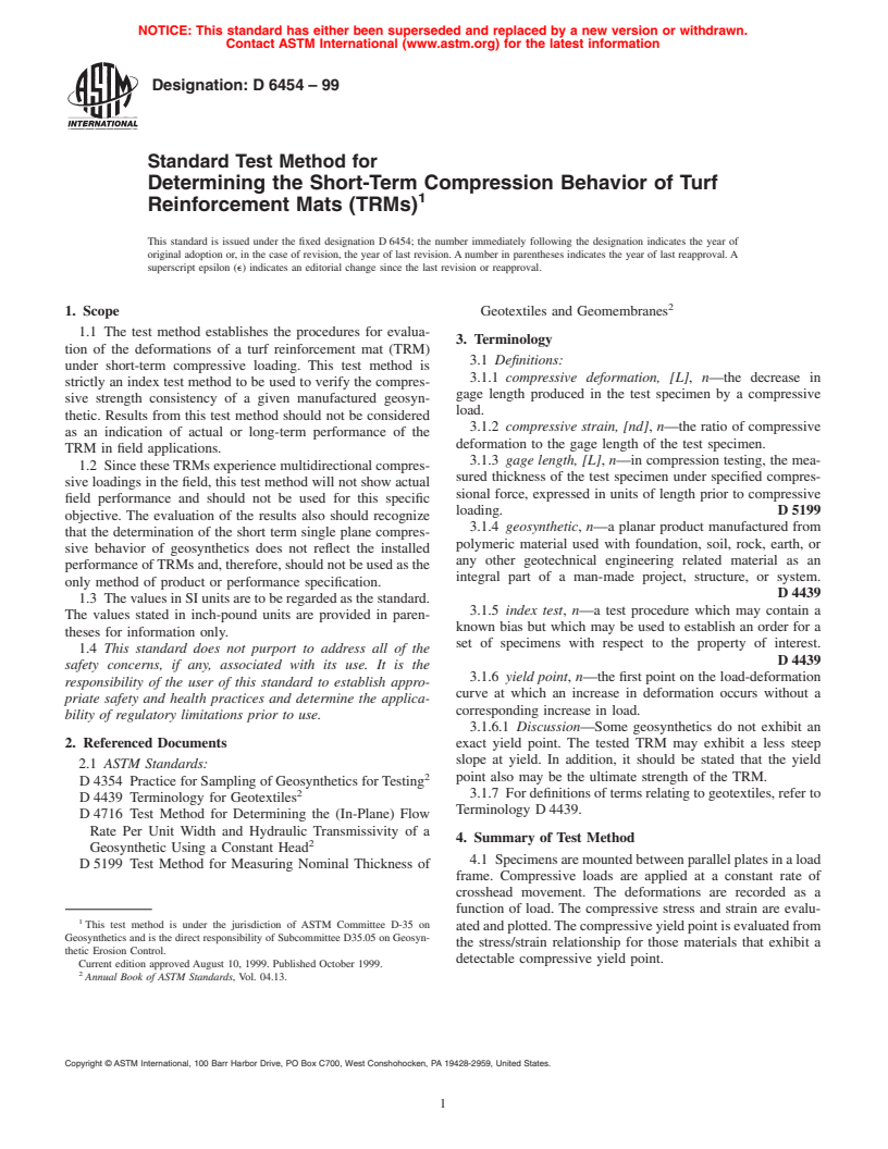 ASTM D6454-99 - Standard Test Method for Determining the Short-Term Compression Behavior of Turf Reinforcement Mats (TRMs)