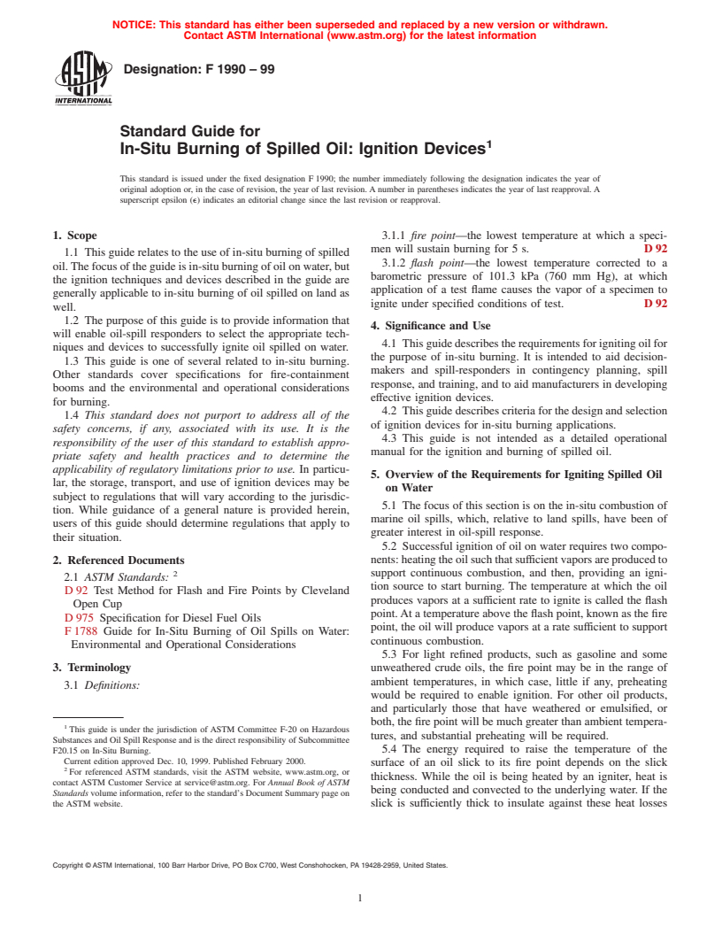 ASTM F1990-99 - Standard Guide for In-Situ Burning of Spilled Oil: Ignition Devices