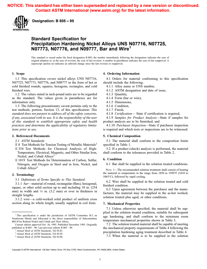 ASTM B805-95 - Standard Specification for Precipitation Hardening Nickel Alloys UNS N07716, N07725, N07773, N07776, and N09777, Bar and Wire