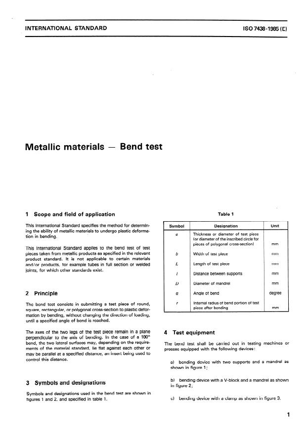 ISO 7438:1985 - Metallic materials -- Bend test