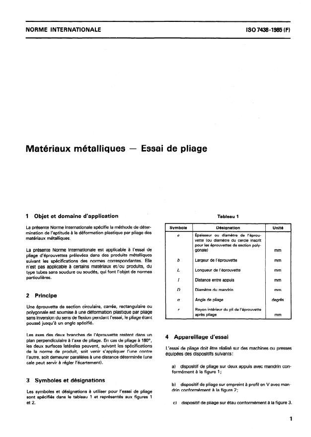 ISO 7438:1985 - Matériaux métalliques -- Essai de pliage
