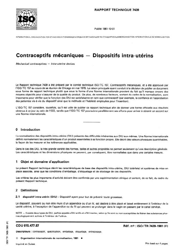 ISO/TR 7439:1981 - Contraceptifs mécaniques -- Dispositifs intra-utérins