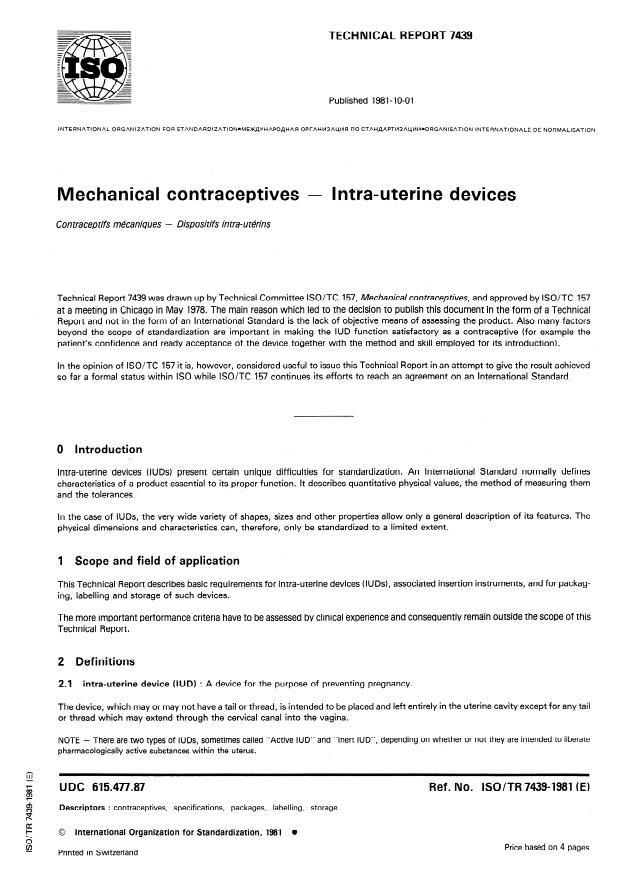 ISO/TR 7439:1981 - Mechanical contraceptives -- Intra-uterine devices