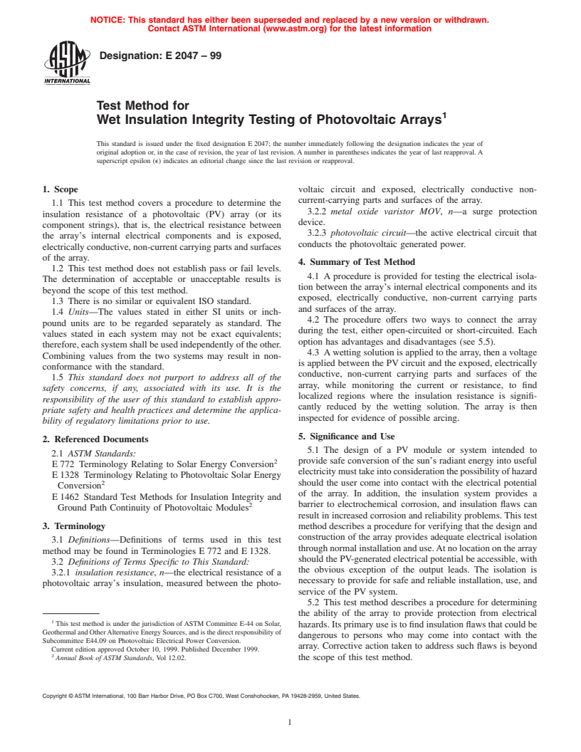 ASTM E2047-99 - Standard Test Method for Wet Insulation Integrity Testing of Photovoltaic Arrays