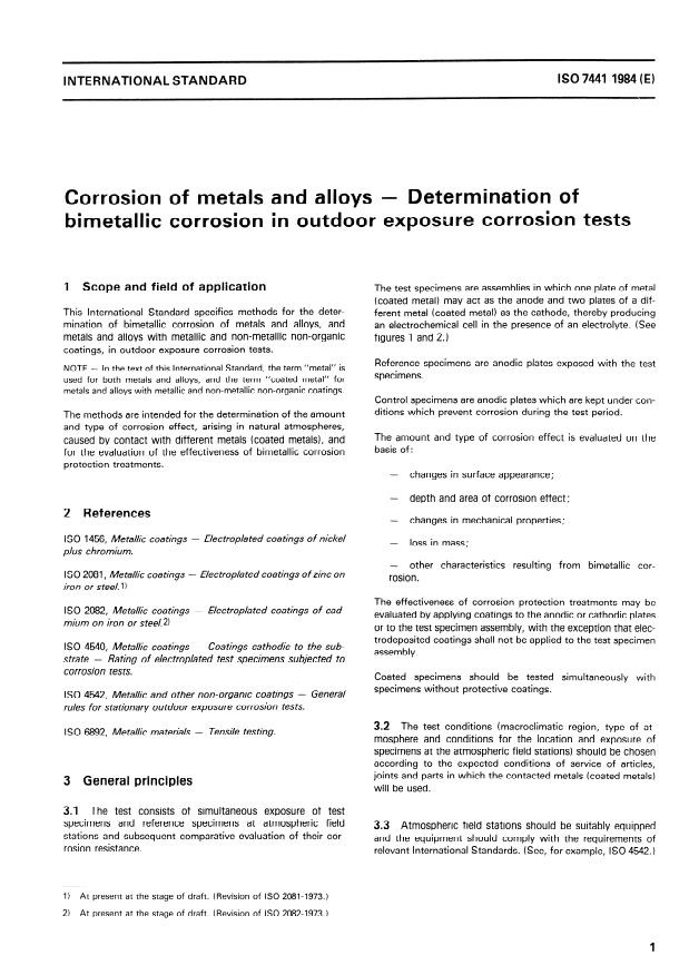 ISO 7441:1984 - Corrosion of metals and alloys -- Determination of bimetallic corrosion in outdoor exposure corrosion tests