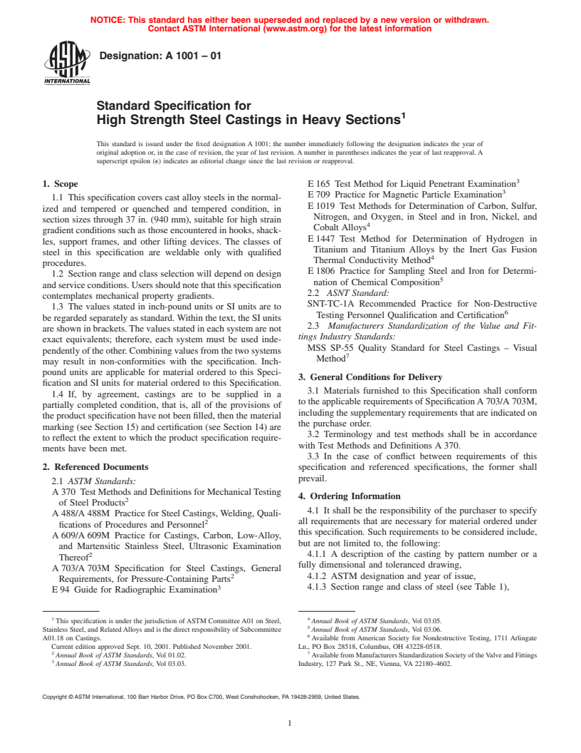 ASTM A1001-01 - Standard Specification for High Strength Steel Castings in Heavy Sections