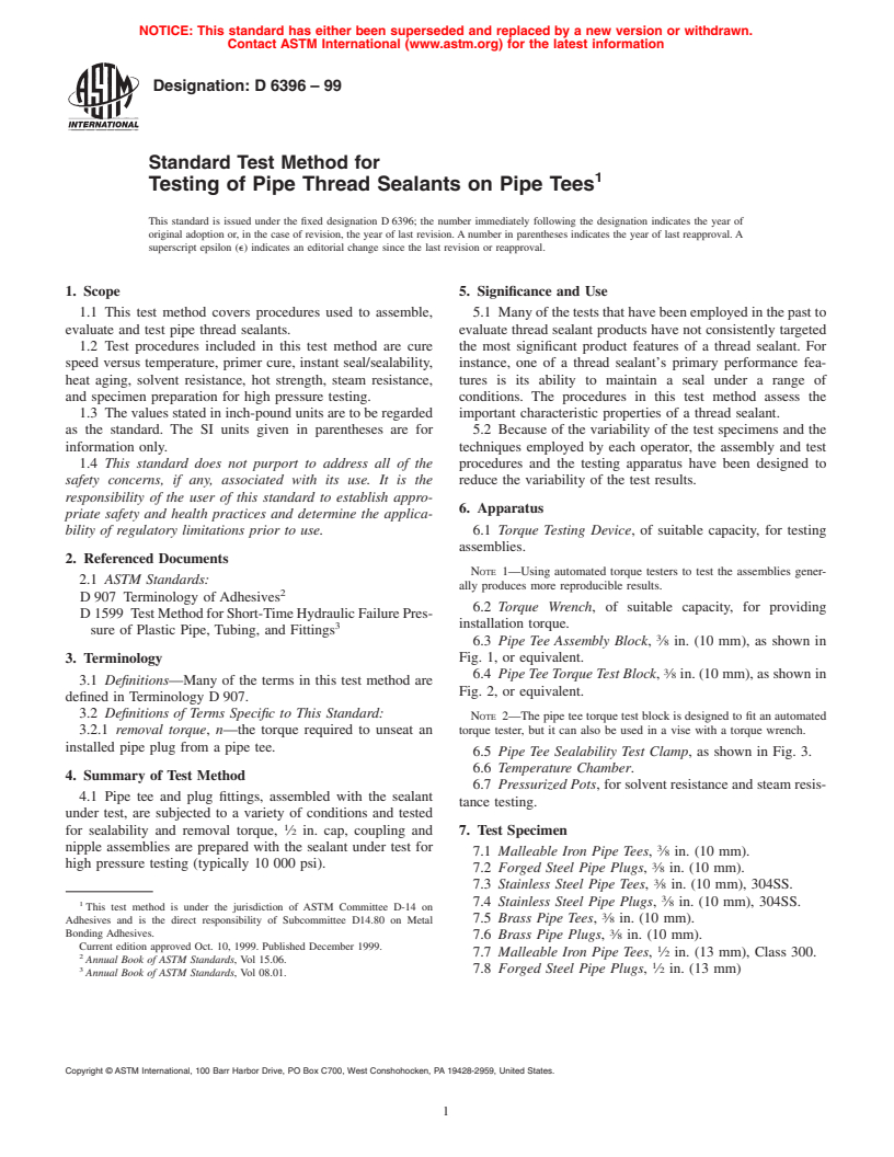 ASTM D6396-99 - Standard Test Method for Testing of Pipe Thread Sealants on Pipe Tees