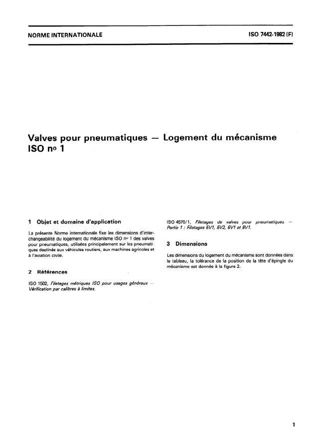 ISO 7442:1982 - Valves pour pneumatiques -- Logement du mécanisme ISO no 1
