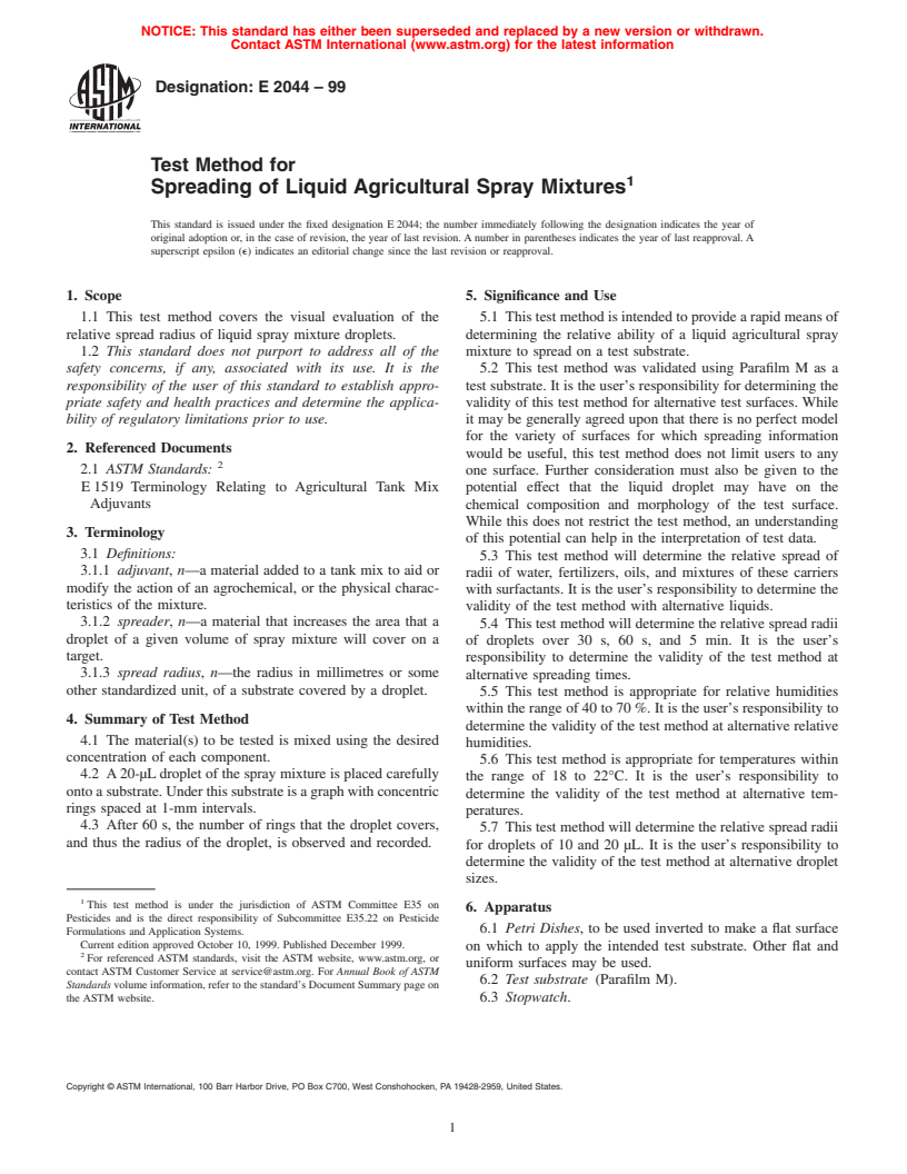 ASTM E2044-99 - Standard Test Method for Spreading of Liquid Agricultural Spray Mixtures