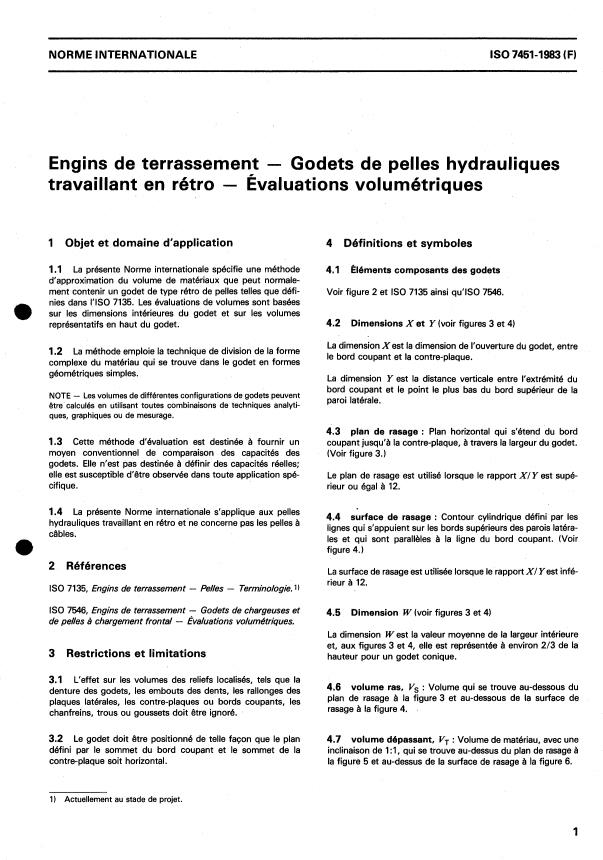 ISO 7451:1983 - Engins de terrassement -- Godets de pelles hydrauliques travaillant en rétro -- Évaluations volumétriques