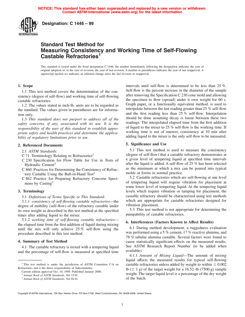 ASTM C1446-99 - Standard Test Method for Measuring Consistency and Working Time of Self-Flowing Castable Refractories