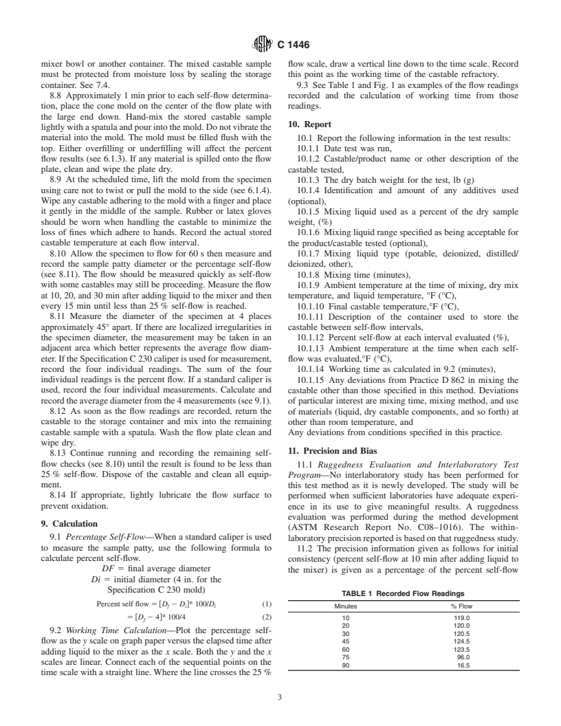 ASTM C1446-99 - Standard Test Method for Measuring Consistency and Working Time of Self-Flowing Castable Refractories