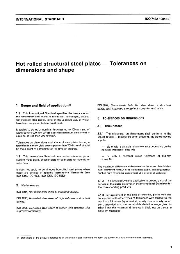 ISO 7452:1984 - Hot-rolled structural steel plates -- Tolerances on dimensions and shape