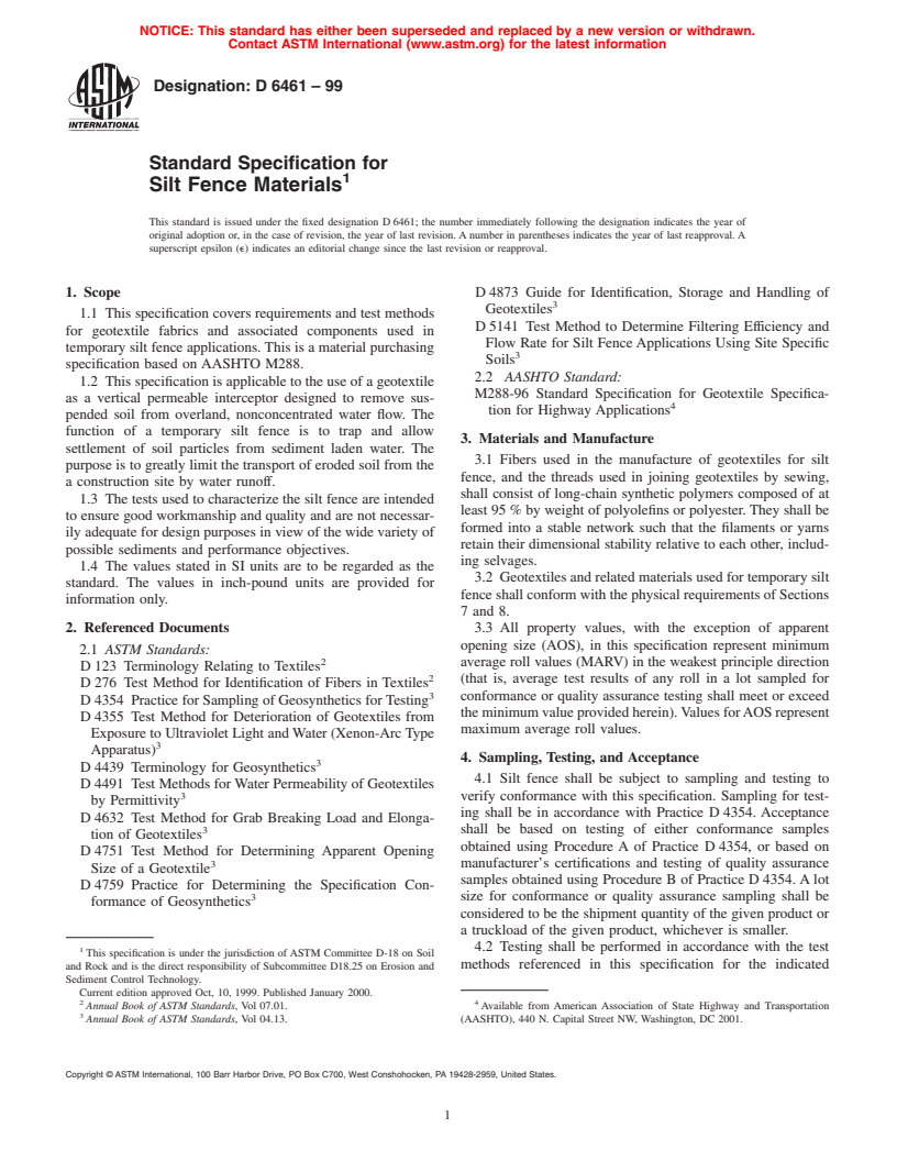 ASTM D6461-99 - Standard Specification for Silt Fence Materials