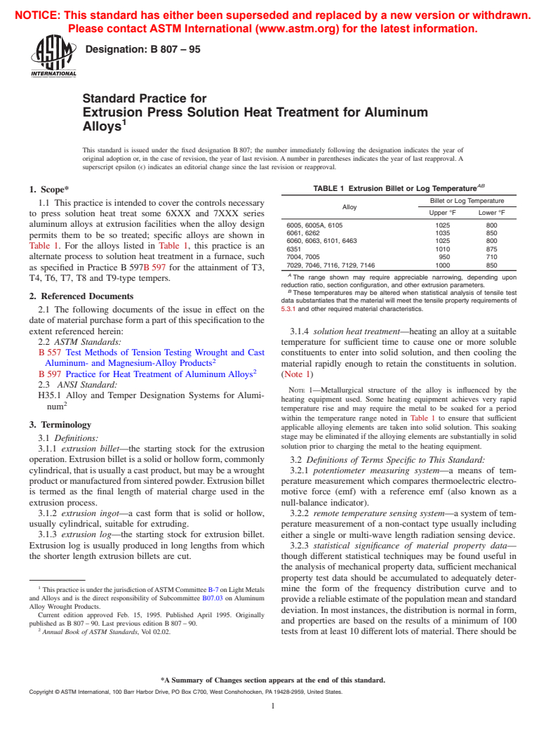 ASTM B807-95 - Standard Practice for Extrusion Press Solution Heat Treatment for Aluminum Alloys