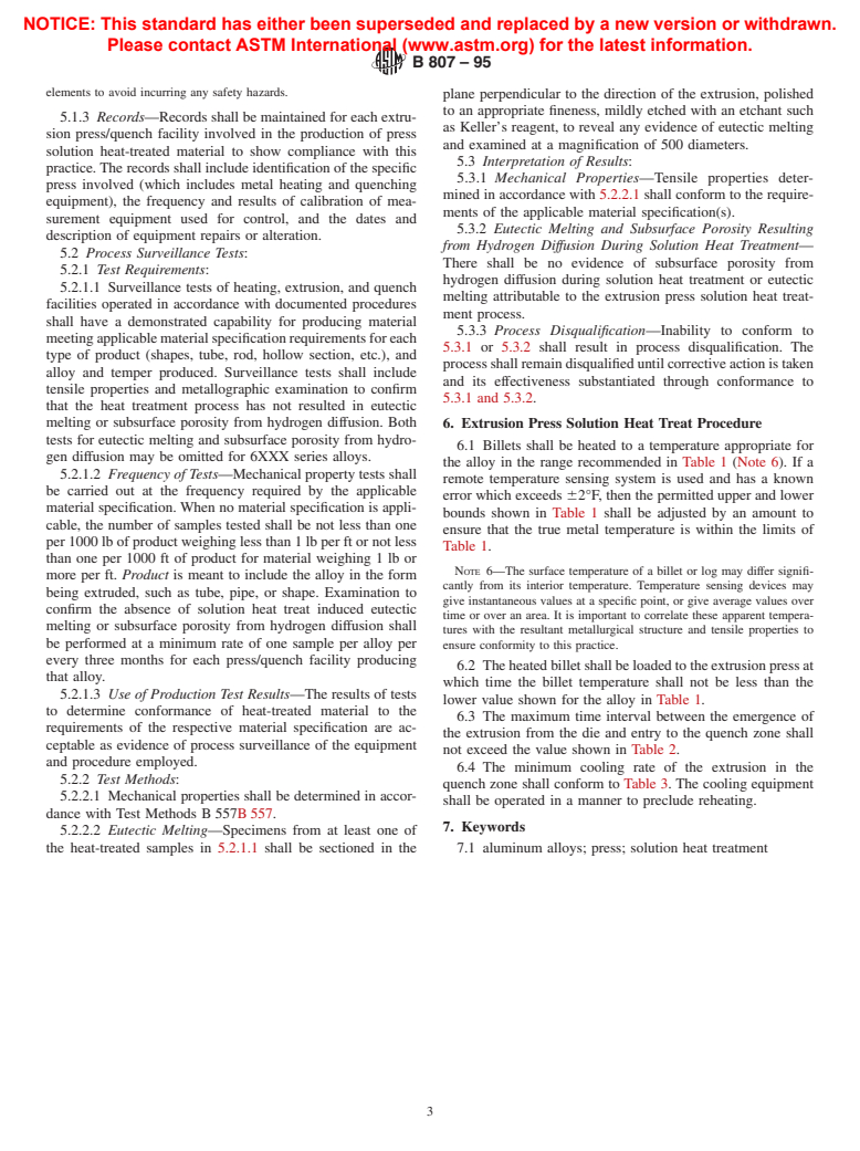 ASTM B807-95 - Standard Practice for Extrusion Press Solution Heat Treatment for Aluminum Alloys