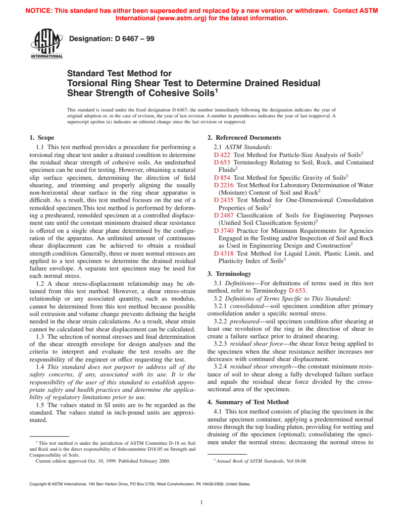 ASTM D6467-99 - Standard Test Method for Torsional Ring Shear Test to Determine Drained Residual Shear Strength of Cohesive Soils