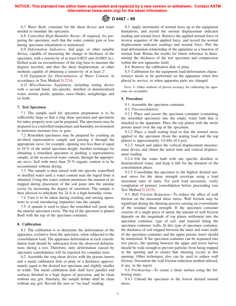 ASTM D6467-99 - Standard Test Method for Torsional Ring Shear Test to Determine Drained Residual Shear Strength of Cohesive Soils