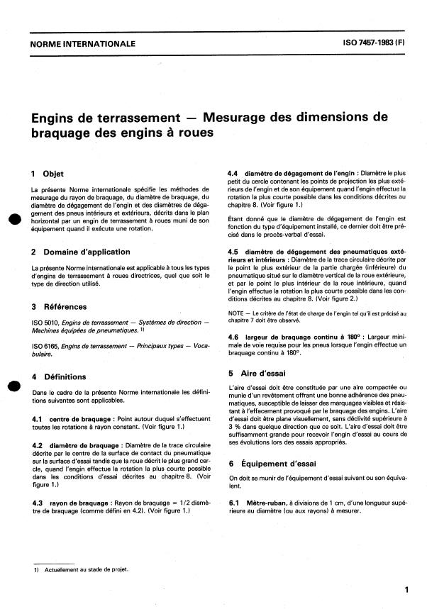 ISO 7457:1983 - Engins de terrassement -- Mesurage des dimensions de braquage des engins a roues
